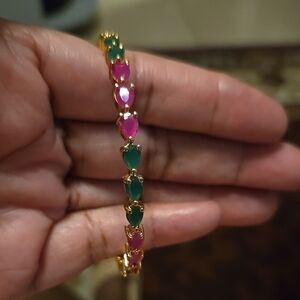 Elegant Gold Bracelet with Pink and Green CZ pear shapes Size 7